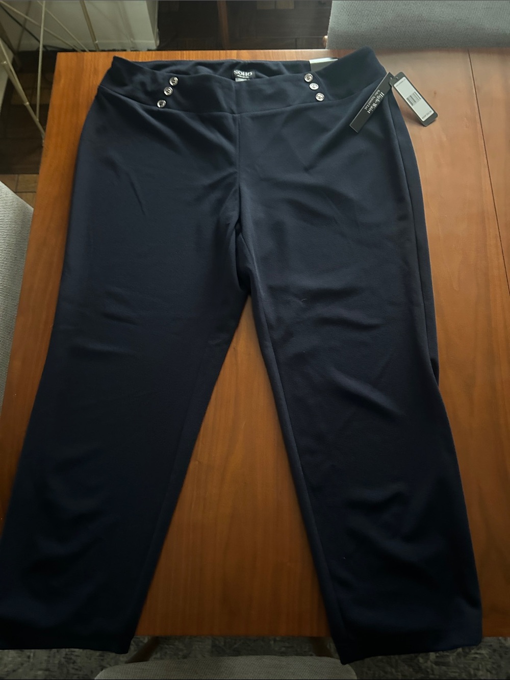 Soho Apparel Navy Ponte Pull-On Pants with Silver-Tone Tag Detail